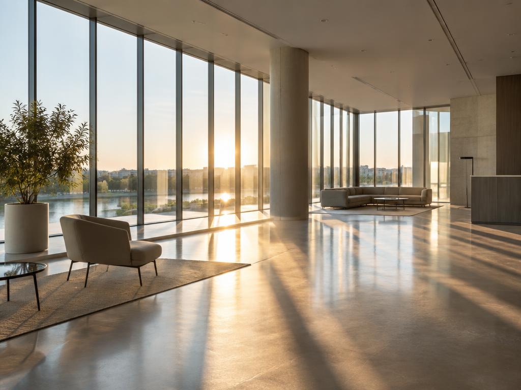 Local commercial vitré baigné de soleil en fin de journée — photo d'ambiance