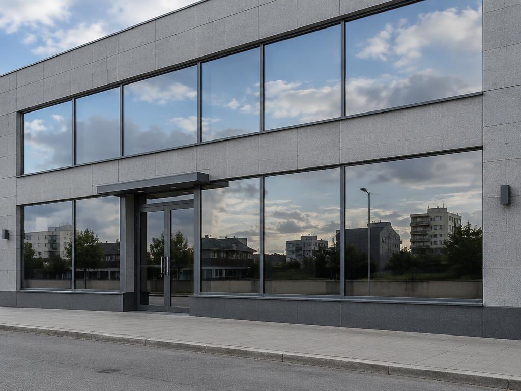 Façade commerciale avec vitrage miroir vue depuis la rue — photo d'ambiance