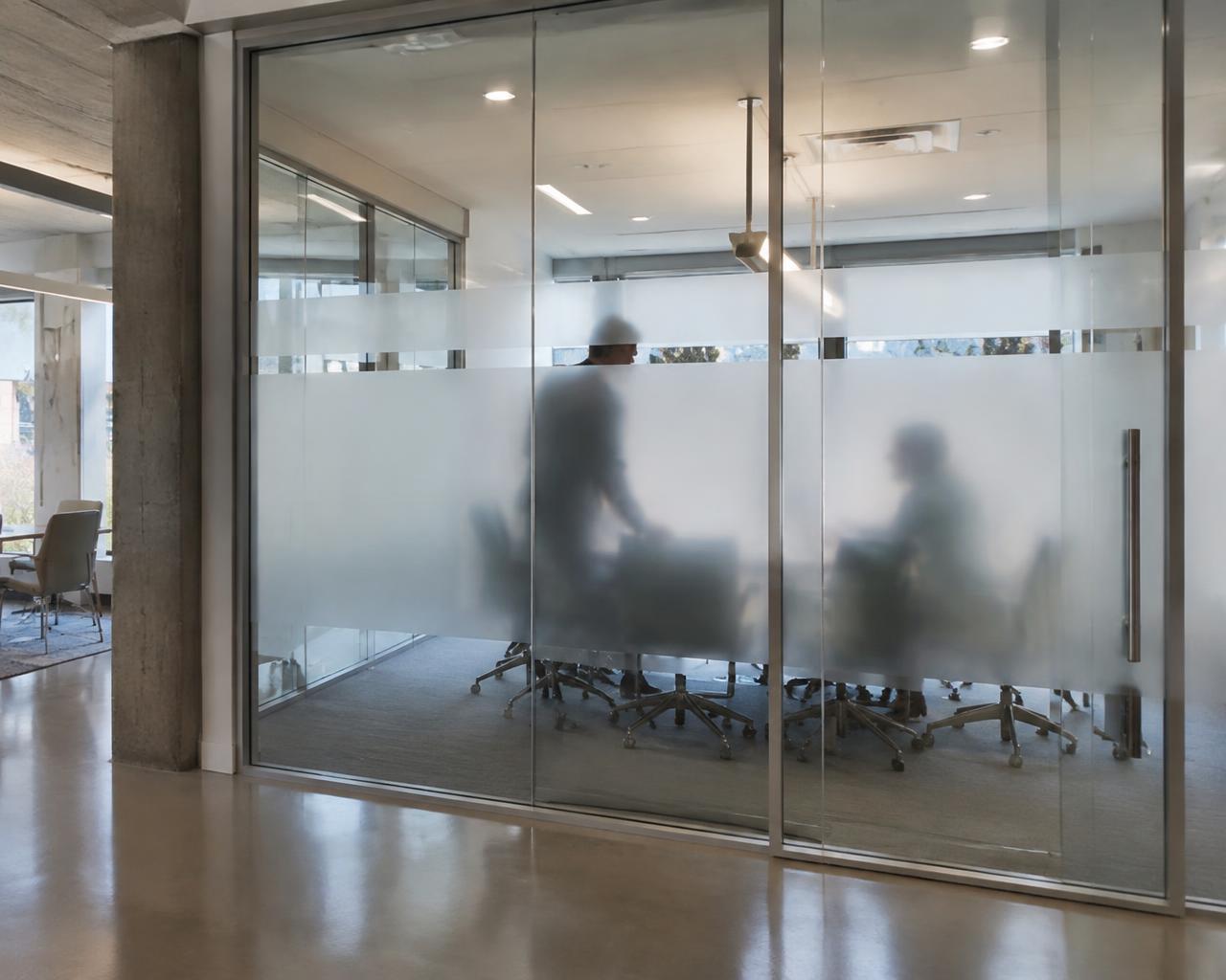 Cloison vitrée dépolie dans un espace de bureau contemporain