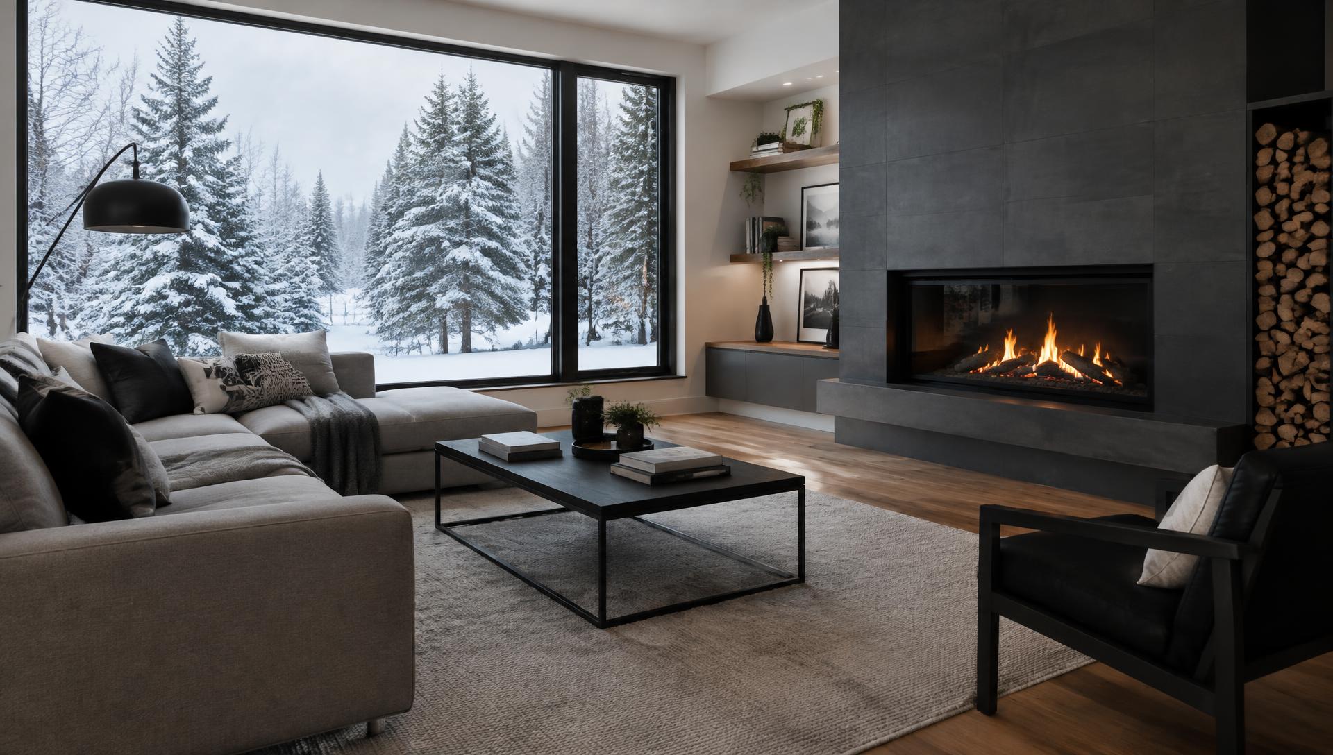 Salon québécois face à une grande fenêtre en hiver
