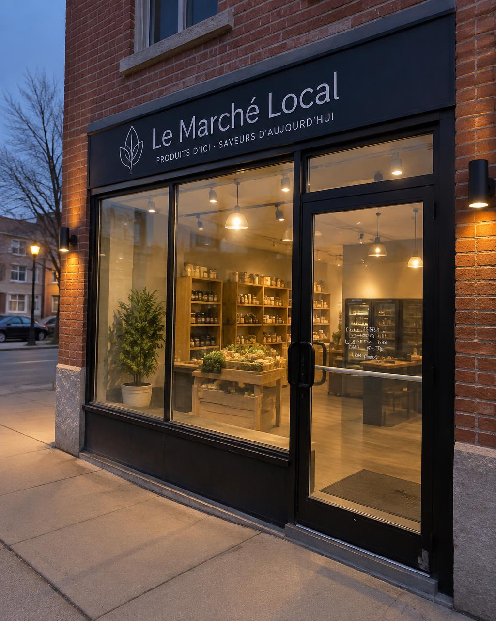 Façade vitrée commerciale au crépuscule