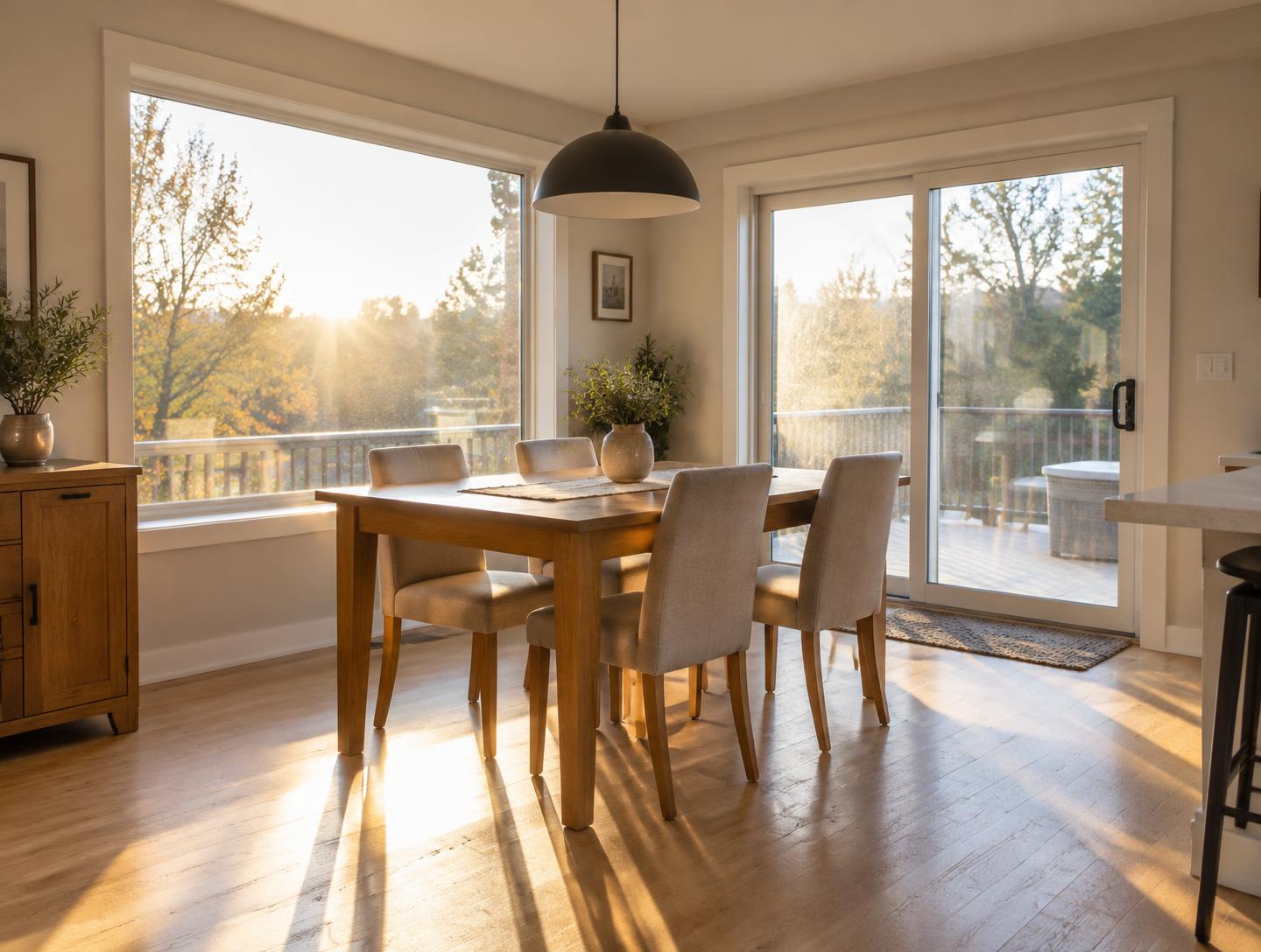Salle à manger baignée de soleil à travers de grandes fenêtres — photo d'ambiance
